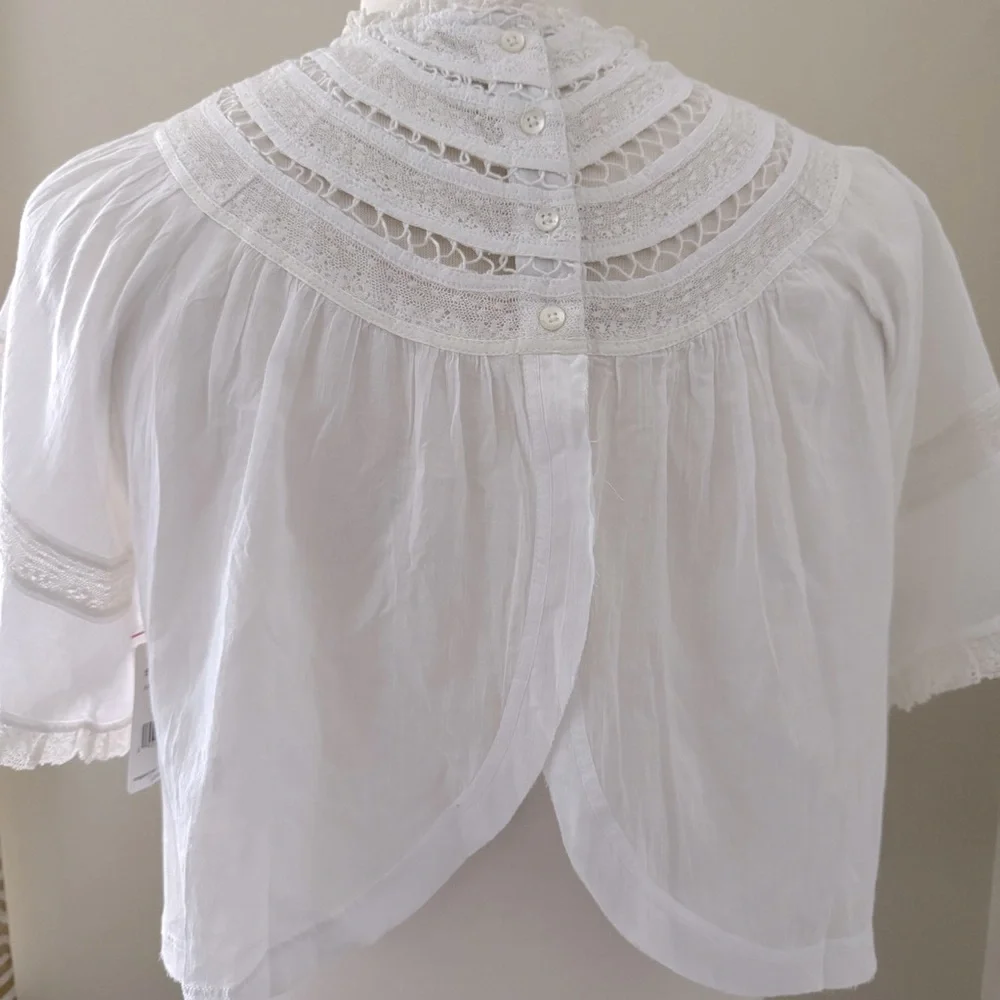 Free People White Crochet Yoke Flutter Sleeve Top
